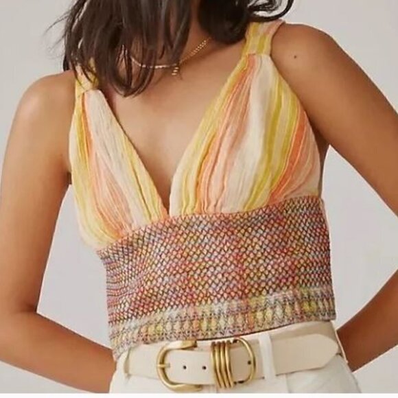 Anthropologie Yellow & Orange Striped Smocked Tank Top Size Large NWT - Picture 1 of 10